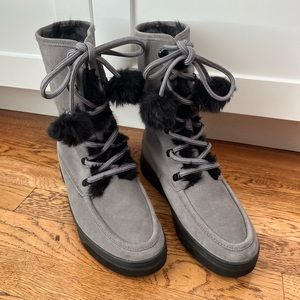 Michael Kors gray suede boots with black faux fur interior and pom pom ties NEW